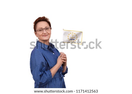 Rhode Island flag. Woman holding Rhode Island state flag. Nice portrait of middle aged lady 40 50 years old with a state flag isolated on white background.
