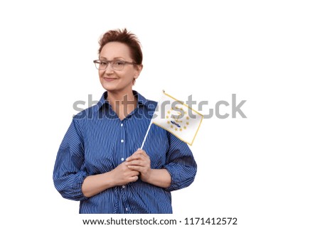 Rhode Island flag. Woman holding Rhode Island state flag. Nice portrait of middle aged lady 40 50 years old with a state flag isolated on white background.