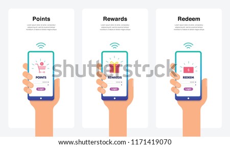 Smartphone Hand Vectors - Shopping Rewards, Points, Redeem Concept, New And Modern Trends. Can Use For Marketing and Promotion, Web, Mobile, Infographics, Editorial, Commercial Use And Others. Vector. Royalty-Free Stock Photo #1171419070