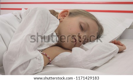 Sleeping Child Face in Bed, Little Girl Portrait Resting in Bedroom at Home