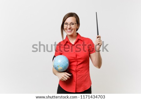 Portrait of business teacher woman in red shirt skirt glasses holding globe and wooden classroom pointer isolated on white background. Education teaching in high school university concept. Copy space