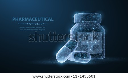 Pills. Abstract polygonal wireframe two capsule pills near bottle blue background. Medical, pharmacy, health, vitamin, antibiotic, pharmaceutical, treatment concept illustration or background Royalty-Free Stock Photo #1171435501