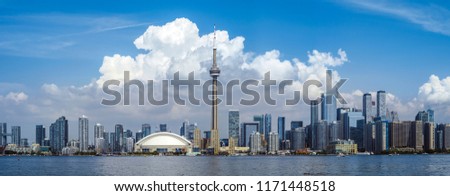 Panoramic photo of the cityscape of Toronto, Ontario taken from Centre Island.