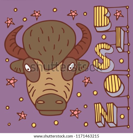 A colored poster with a buffalo, lettering and stars in a doodle style
