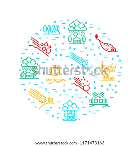 Natural Disaster Signs Round Design Template Include of Earthquake, Fire, Hurricane, Storm, Volcano, Tornado and Wave. Vector illustration