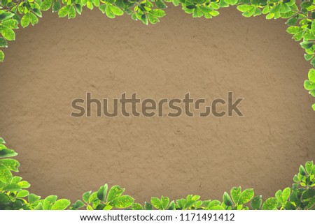 green leaves frame with a clay wall texture background
