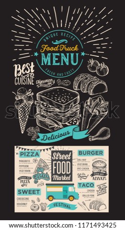 Food truck menu for street festival on chalkboard background design template with hand-drawn graphic illustrations