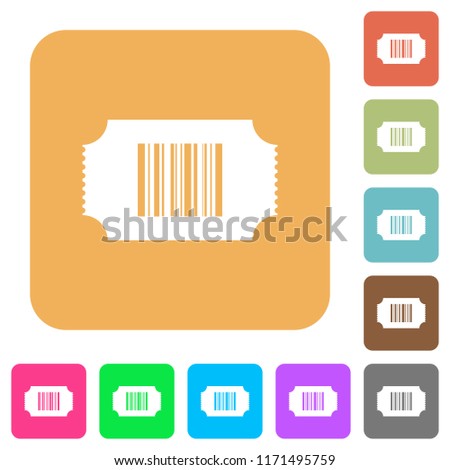 Ticket with barcode flat icons on rounded square vivid color backgrounds.