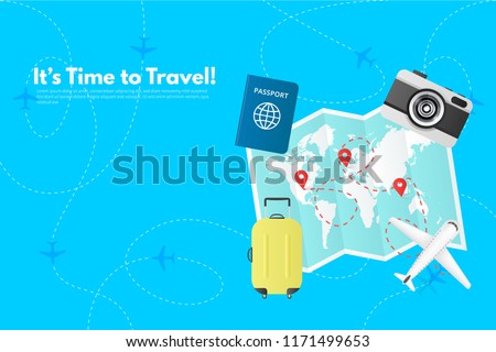 Traveler's accessories. Vacation elements. It’s Time to Travel text. Travel concept background. Flat design vector illustration
