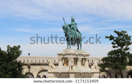 Fisherman Bastion Square with bronze equestrian statue of St. Stephen in the Castle District of Budapest, Hungary, Eastern Europe. 
