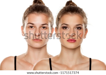 Comparison portrait of young woman before, and after makeup on white background