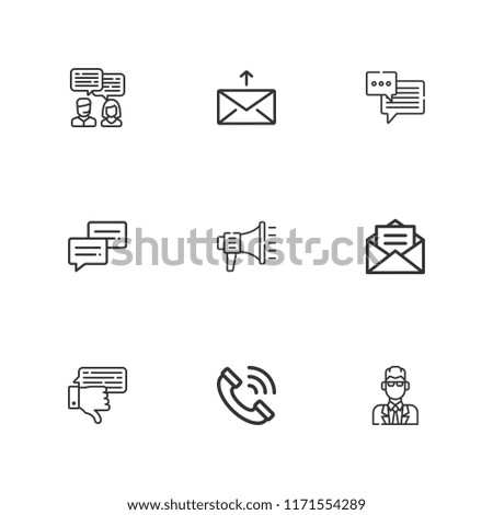 Collection of 9 speech outline icons include icons such as chat, message, phone call, agent, megaphone