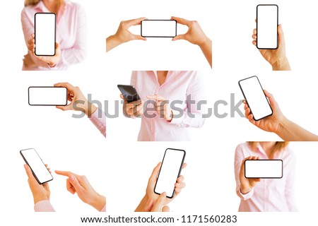 Collage of different isolated photos of person holding mobile phone in hands