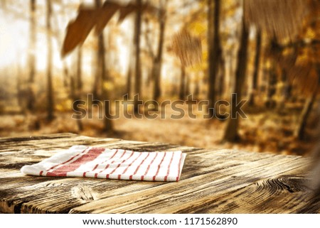 Table background and autumn forest with leaves. Free space for your decoration. 