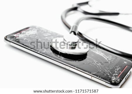 Cell phone crash From the high point of the screen cracked, not work repair with Stethoscope,isolated on white background