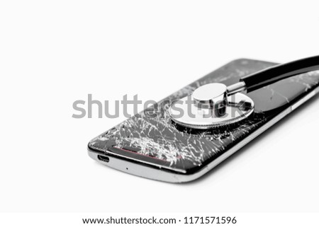 Cell phone crash From the high point of the screen cracked, not work repair with Stethoscope,isolated on white background
