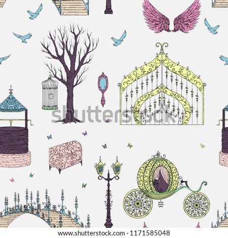 Seamless pattern with with gate, carriage, unicorn,  lantern, wings, chest, birds and butterflies. Fairy tale theme. Isolated objects. Vintage vector illustration 
