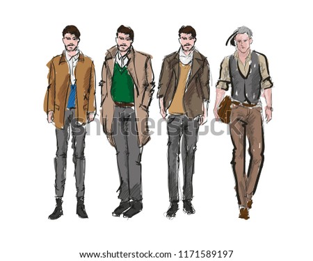 Fashion man. Set of fashiona mens sketches on a white background. Autumn men.
