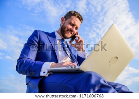 Man formal suit work with laptop while speak on phone. Ultimate guide to becoming sales leader. Businessman surfing internet while speaking to client. Sales manager responsibilities. Stay in touch.