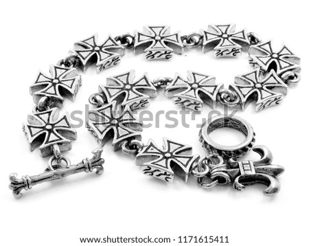 Jewelry bracelet for men. Skulls, crosses and classic. Stainless steel. One color background