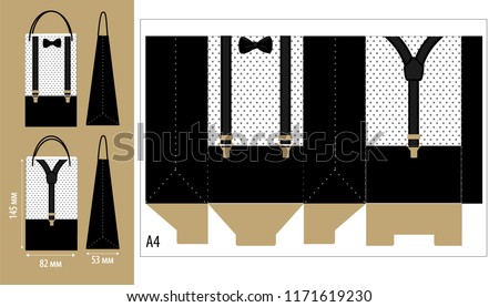 Paper packing box with suspenders and bow tie. Printable wrapping template for little man's birthday (father's day) party. Vector package favor gift.  Print, cut, fast folded. Black dots on white 