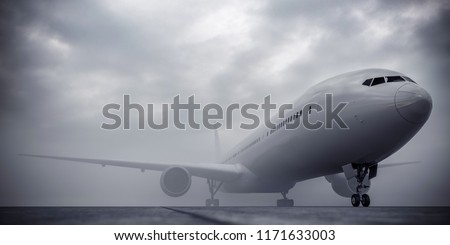 Airplane at the airport during the fog. Bad visibility in airport. Overcast in airport. Airplane in mist. Royalty-Free Stock Photo #1171633003