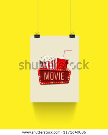Vector poster hanging on paper clips with pop corn basket, cola cup and movie sign on yellow background. Cinema banner template
