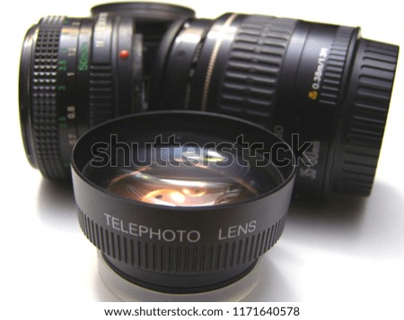 Group of camera lenses with a telephoto lens in the front