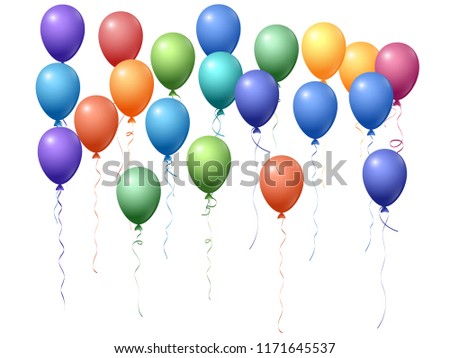 Balloons group isolated vector graphic design. Holiday celebration elements. Bright helium flying balloons isolated bunch, group of party decor objects in spectrum rainbow colors.