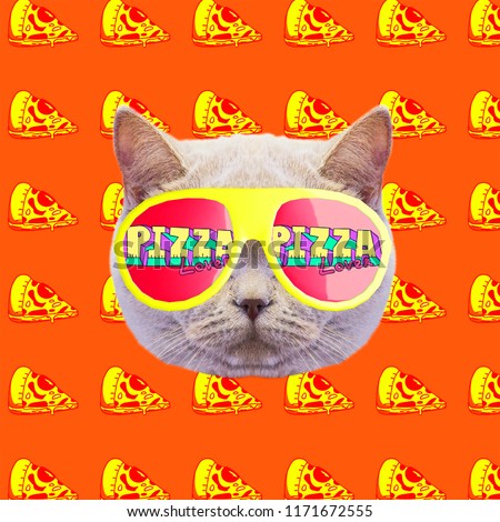 Cat pizza lover mood. Contemporary art collage. Funny Fast food project Royalty-Free Stock Photo #1171672555