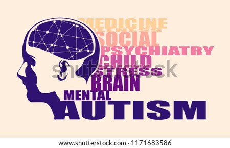 Abstract illustration of a human head with brain. Medical theme creative concept. Connected lines with dots. Autism disease tags cloud