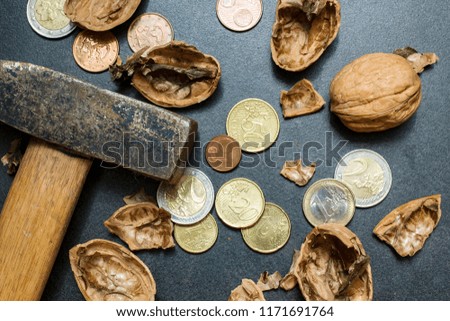 Walnut shells, euro coins and cents, lies next to a hammer. The concept of making money. Close-up.