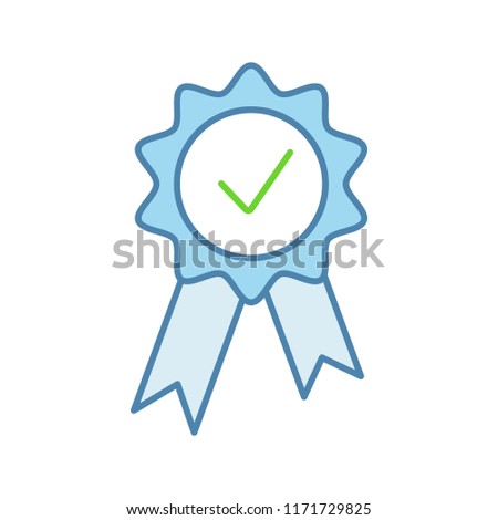 Award medal color icon. Reward. Best choice medal. Certified. Seal with ribbon and check mark. Quality badge. Isolated vector illustration