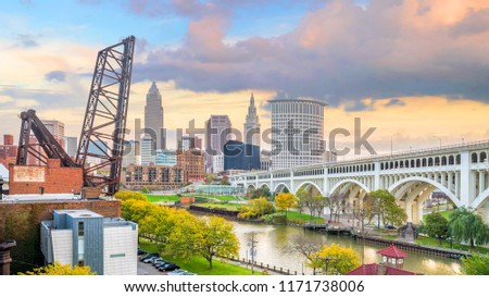 View of downtown Cleveland skyline in Ohio USA at sunset