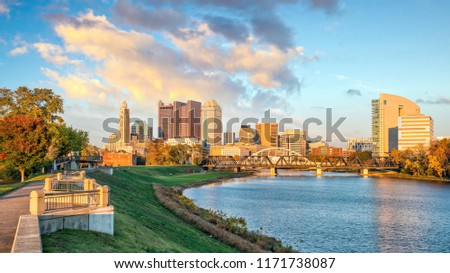 View of downtown Columbus Ohio Skyline at Sunset in USA