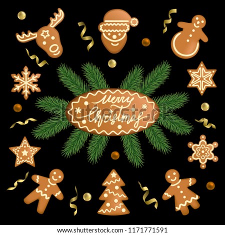 Christmas and New Year symbols, icons, winter holiday. Greeting card with ingerbread set and fir isolated on black background. Vector objects forms gingerbread toys, holiday items and decorations.