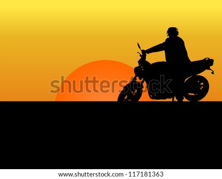 silhouette of biker at sunset, vector illustration
