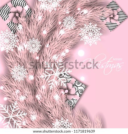 Merry Christmas Party invitation with pink fir pine branch gift box with pink bow and snowflake Winter holiday greeting card Christmas traditional decorations tinsel. Xmas ribbon garland vector