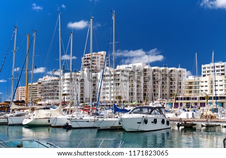 Marina of Ibiza Island. Port of San Antonio de Portmany. San Antonio (also Sant Antoni) is the second largest town in Ibiza. Moored nautical vessel moored in bay of the sea. Balearic Islands. Spain
