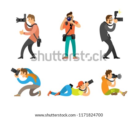 Photographers or paparazzi taking photo with modern digital cameras from all angles. Journalists or reporters making pictures vector illustrations. Royalty-Free Stock Photo #1171824700
