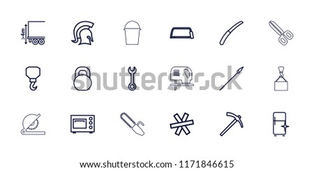 Steel icon. collection of 18 steel outline icons such as clean fridge, wrench, hook, hacksaw, gardening knife, barbell, cargo height. editable steel icons for web and mobile.
