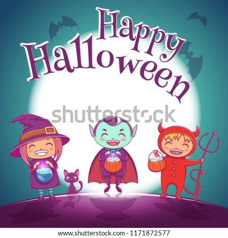 Halloween poster with kids in costumes of witch, vampire and devil for Happy Halloween party. On dark blue background with full moon.
