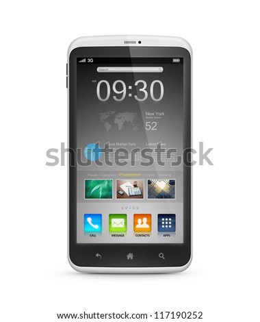 Modern mobile smartphone with start screen interface isolated on white. Include clipping path for phone and screen. High quality very detailed realistic object.