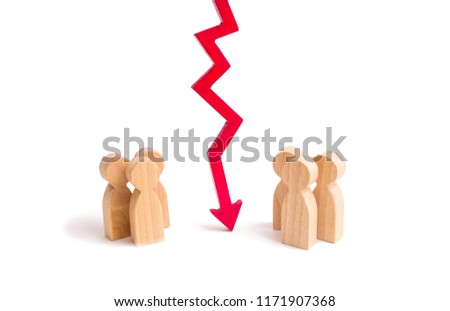 A wooden red chart arrow down divides the two groups discussing the case. Termination and breakdown of relations, breaking ties. Contract break, conflict of interests. Negotiations of businessmen.