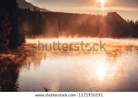 Beautiful morning lake in mountains. Strbske pleso, Slovakia