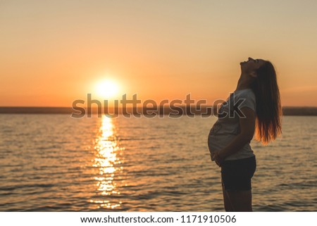 Young girl pregnant on the beach silhouette