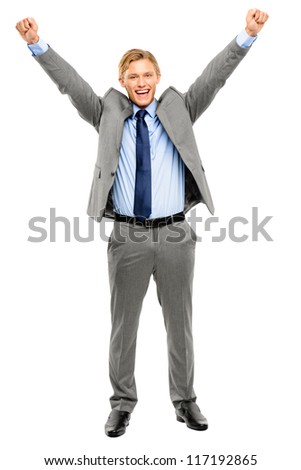 Happy businessman celebrating success isolated on white background