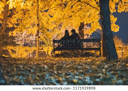 Couple on a bench in an autumn evening