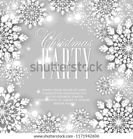 Origami Snowfall Merry Christmas Party Invitation Greetings card. White Paper cut snow flake. Happy New Year. Winter snowflakes background. Space for text. Holidays. Vector Black friday