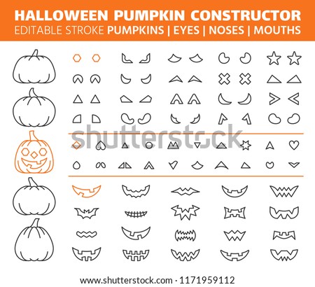 Halloween Pumpkin thin line icons set. Outline sign kit face constructor. Character Creation linear icon eyes, nose, mouth. Editable stroke without fill. Halloween Pumpkin simple contour vector symbol